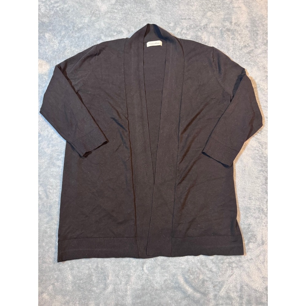Calvin Klein Open Front Cardigan Sweater M Black Ribbed Trim Shawl Collar
